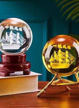 黄色水晶球饰品水晶雕刻一帆风顺客厅陈设商店橱窗柜台装饰用品