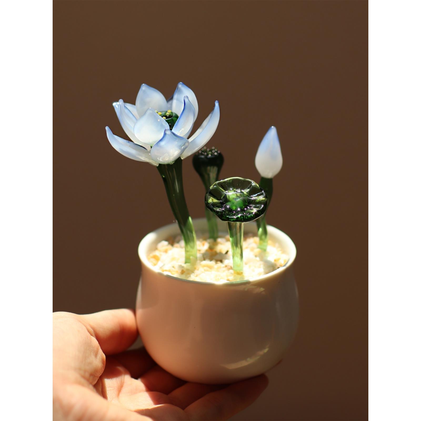 办公桌面小摆件琉璃工艺品植物盆栽荷花艺术家居装饰品中国风中式