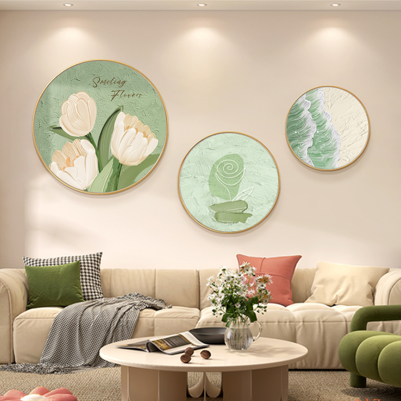 奶油风圆形客厅装饰画郁金香挂画轻奢抽象艺术画温馨卧室牀头壁画图片