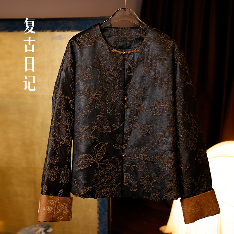 “金地牡丹”100桑蚕丝老料香云纱提花鹅绒服25DR2281