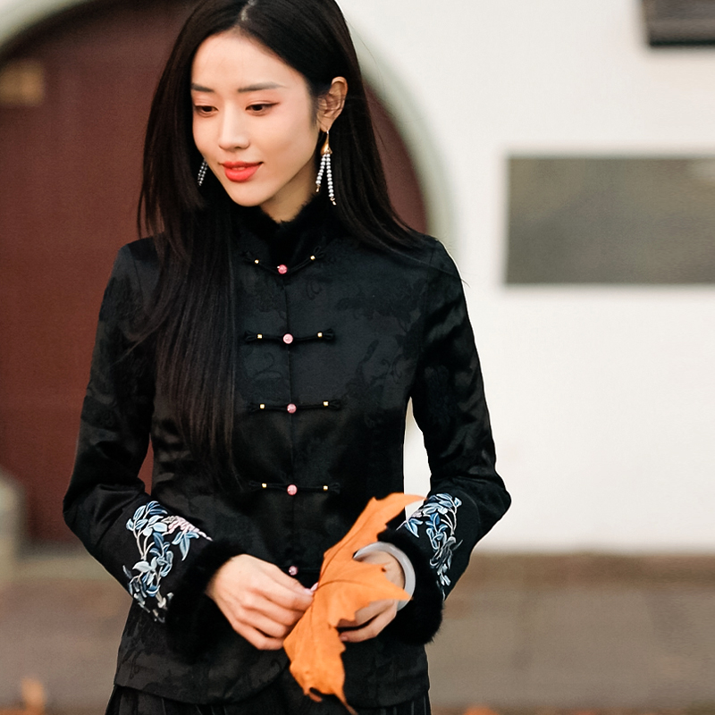 复古日记“秋实”新中式立领提花刺绣国风设计衬衫237C5173