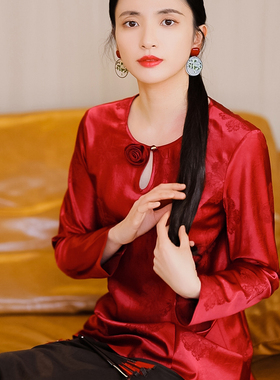 复古日记“玫瑰的故事”中式桑蚕丝羊毛蝴蝶提花玫瑰衬衫251C6570