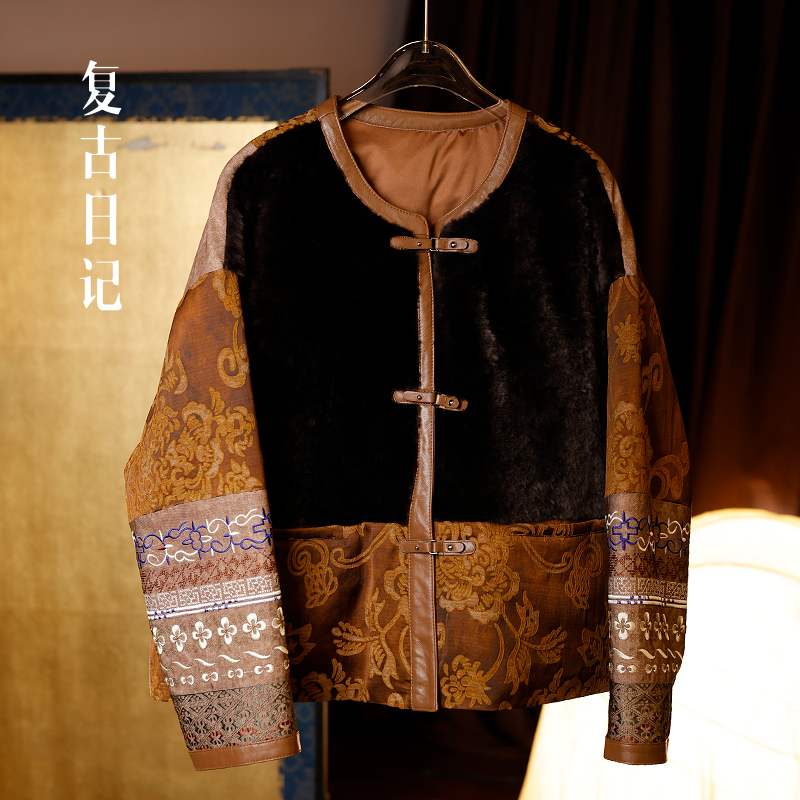 “羽树”重工绣花羊 皮毛一体中式提花鹅绒服2EHR567