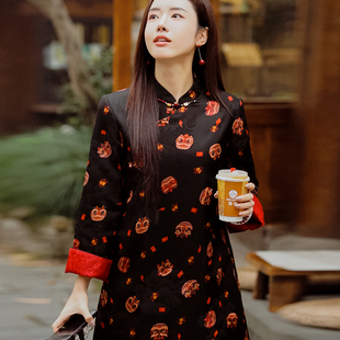 复古日记狮狮如意”100桑蚕丝拜年服新中式中长款连衣裙247L7433