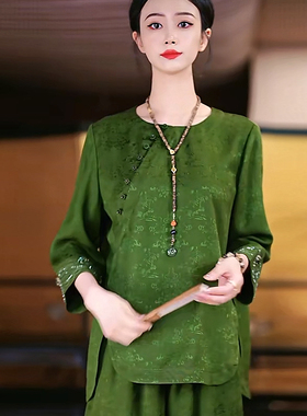 复古日记“绿绮”100桑蚕丝三经绞罗红云纱绿色国风两件套25FA008