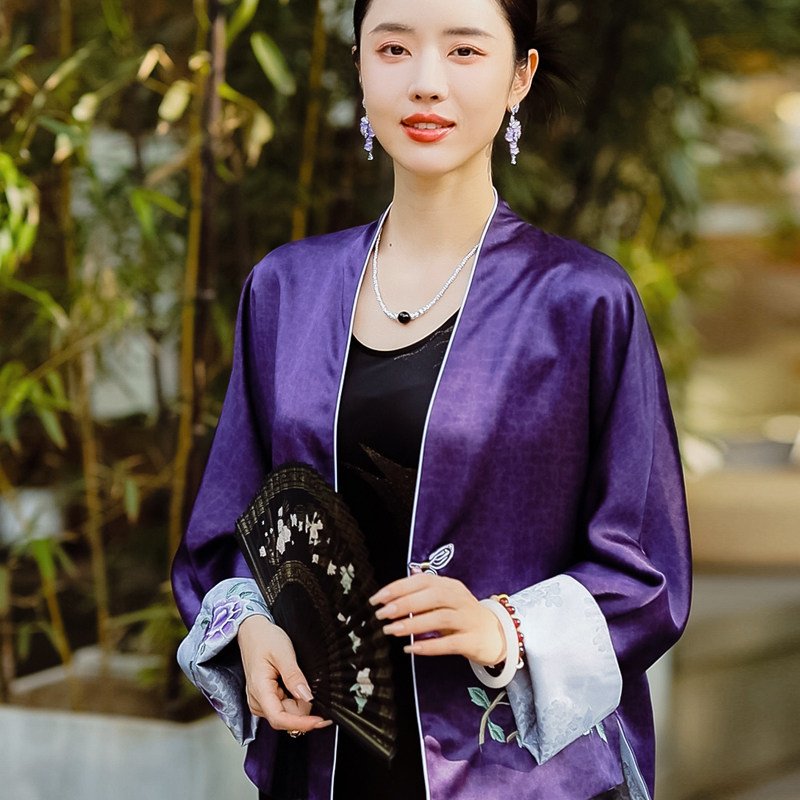 复古日记“留连戏蝶”双面穿紫龟桑蚕丝手工蝴蝶盘扣中式绣花外套