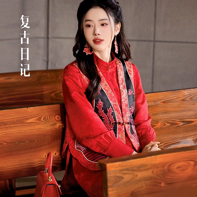 复古日记桑蚕丝新中式国风女装马夹2feet842
