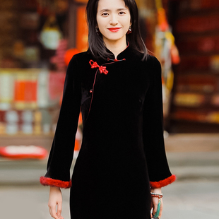 复古日记“双生蝶”100桑蚕丝国风盘扣丝绒旗袍连衣裙247L6560