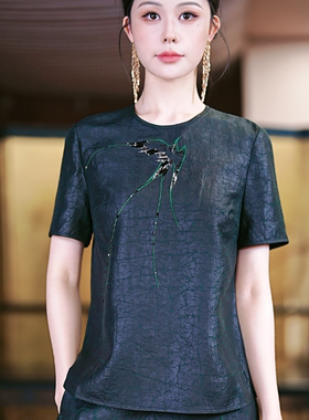 复古日记“柳燕”100桑蚕丝黑龟老料香云纱定位绣花小衫2FET222