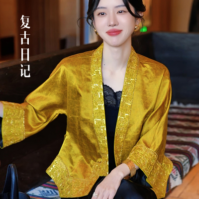 复古日记“金韵”100桑蚕丝金龟香云纱珠片绣交领外套2FEWS1086
