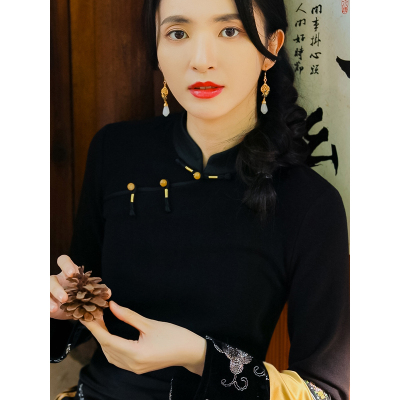 秋冬季新中式长袖小立领打底刺绣中式女上衣T恤237T6185