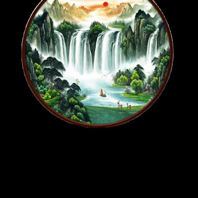 玄关山水画旭日东升中式挂画客厅办公室圆形装饰画书房背有靠山画