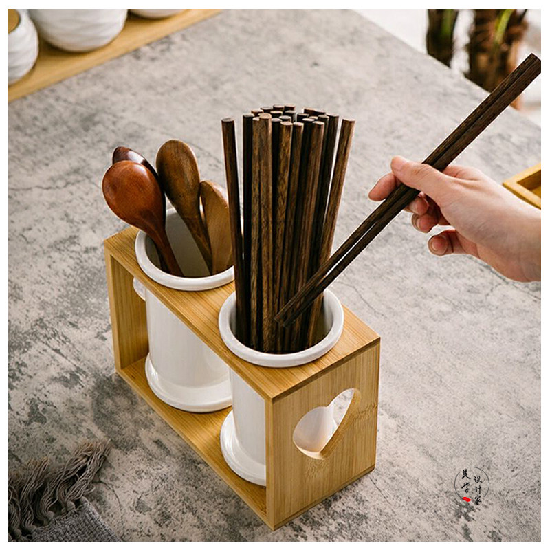 竹木陶瓷筷子筒日式家用厨房筷子勺子置物架沥水筷子笼餐具收纳盒,餐饮具,餐具笼/架,淘宝优惠券,粉丝福利购,淘宝优惠卷