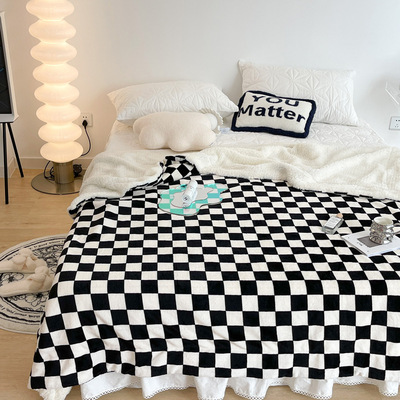 棋盘格毛毯双层加厚保暖羊羔绒毯子小被子办公室午睡毯法兰绒盖毯