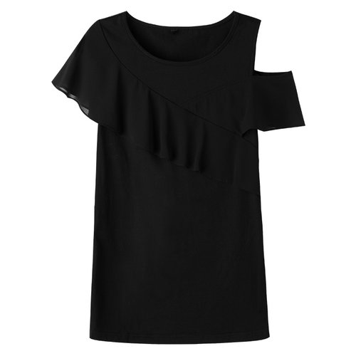 黑色短袖雪纺荷叶露肩上衣性感2021新款女夏季圆领纯棉t恤女宽松