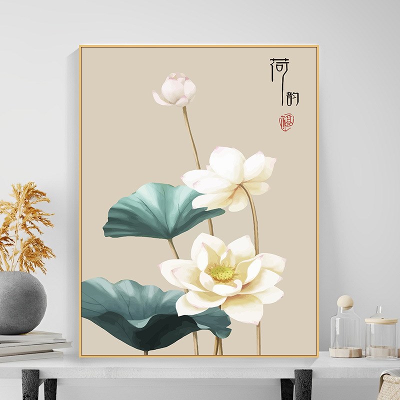 新中式diy数字油画 填充填色荷花中国风丙烯手绘装饰油彩挂画解压图片