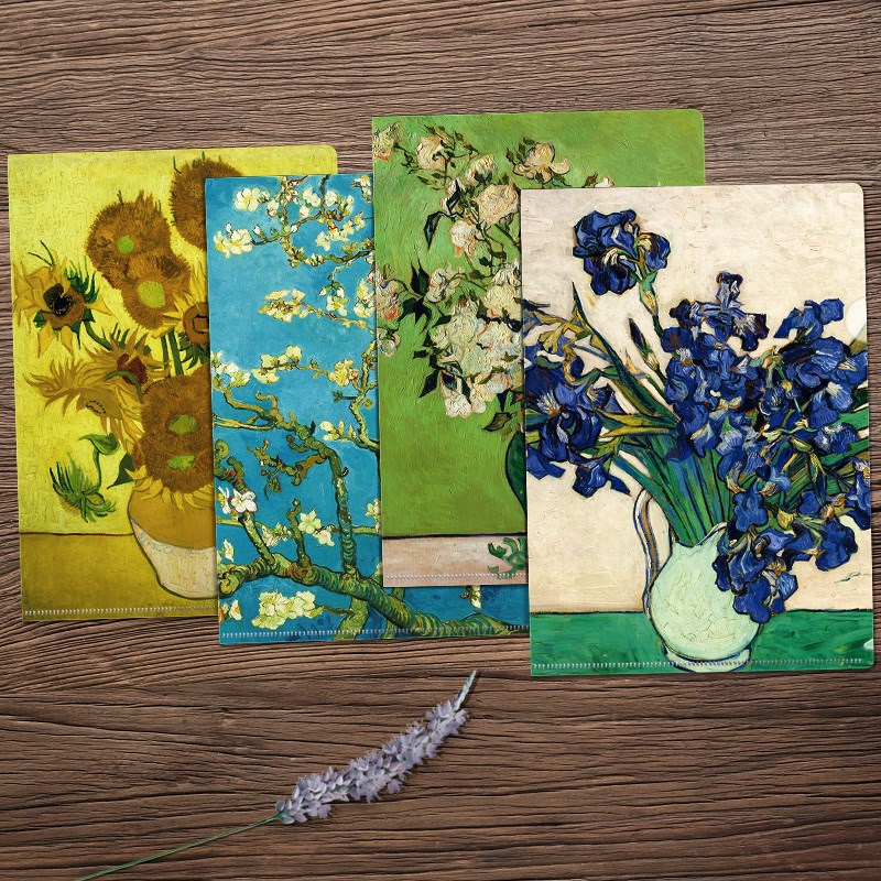 8枚入花间集A4文件夹L型资料夹梵高雷东卡萨特花卉油画试卷收纳夹