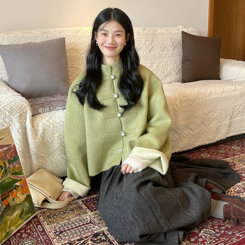 新中式国风毛呢外套女春季新款高级感小个子立领短款盘扣呢子上衣