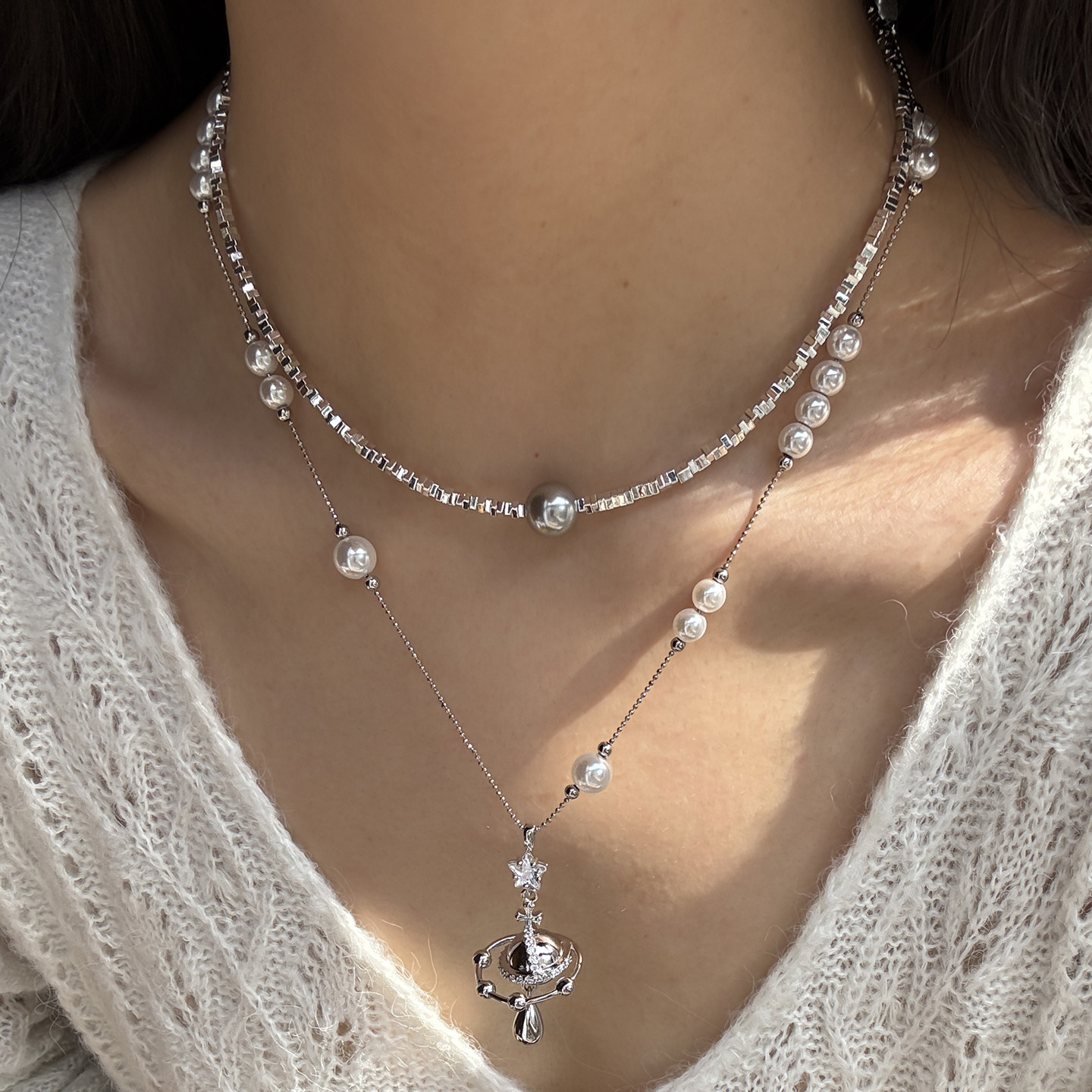 施家土星星球满天珍珠星项链女轻奢小众设计师复古气质锁骨链颈链