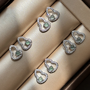 S999纯银针天然绿翡翠耳钉女葫芦镶钻精致小巧高级感耳环气质耳饰