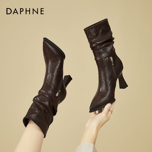 达芙妮尖头高跟短靴女2026秋冬季加绒小个子细跟高跟鞋褶皱堆堆靴