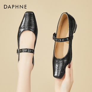 达芙妮一字带玛丽珍女鞋春季2026新款法式粗跟小皮鞋通勤浅口单鞋