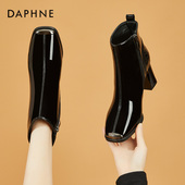 达芙妮漆皮瘦瘦靴女2026新款 秋冬加绒短靴法式 方头粗跟高跟马丁靴