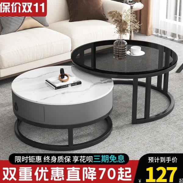 香港包邮家用2023新款玻璃圆形茶桌现代简约小户型岩板茶几小桌子