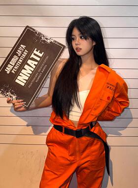 美式cos囚犯服情侣服装大码衣服桔橙色cosplay制服套装万圣节穿搭