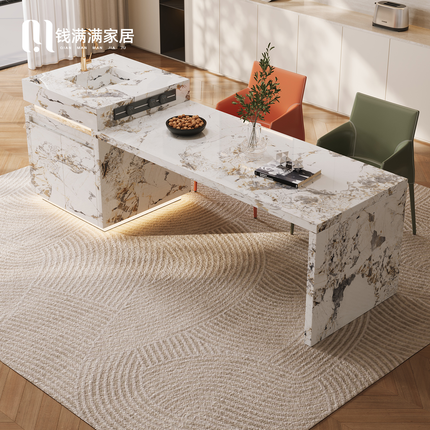 意式极简岩板岛台多功能餐桌一体家用带水槽可伸缩中导台轻奢岛台