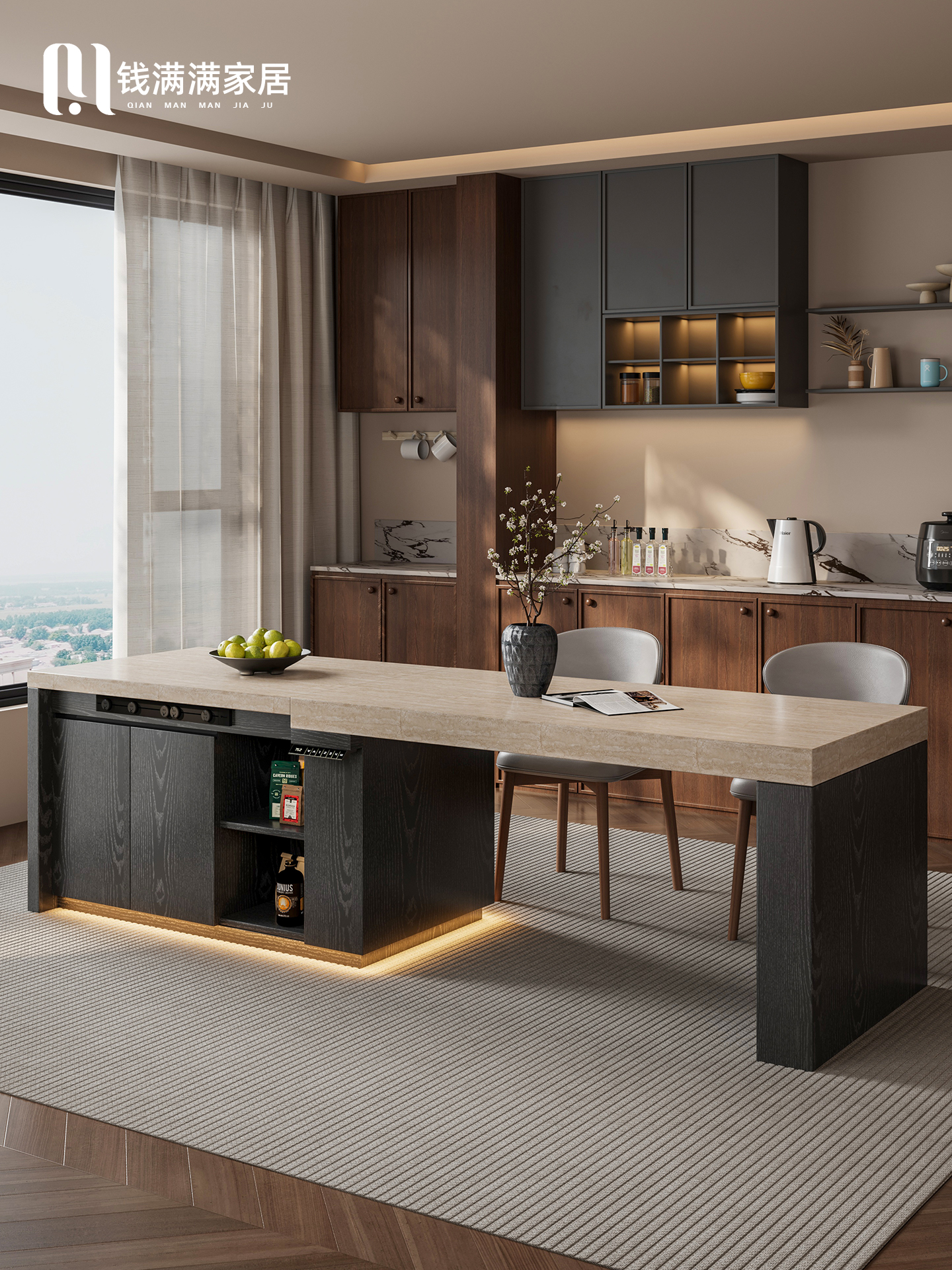 意式齐平可伸缩升降岛台餐桌一体家用厨房储物电动升级平移料理台