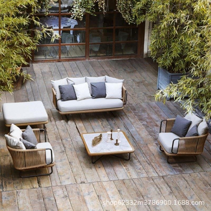 户外铁艺藤编沙发组合北欧u庭院花园民宿别墅阳台藤椅露台室外桌