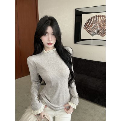 实价实拍~立领德绒蕾丝打底衫女内搭半高领秋冬加绒长袖t恤上衣