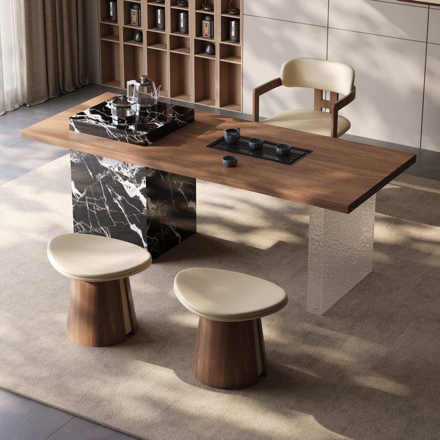 现代极简胡桃木纹岩板阳台茶桌椅组合高级感客厅家用茶台2025新款