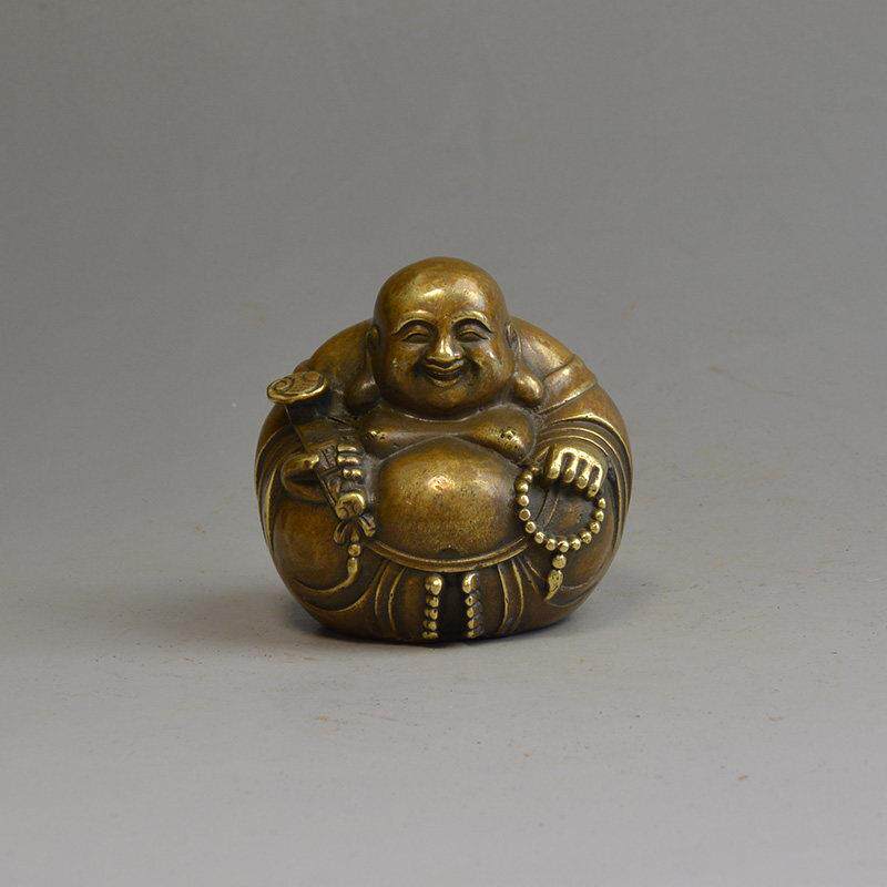 古玩铜器佛像摆件一团和气弥勒佛铜摆件笑口常开车座铜像覆古工艺