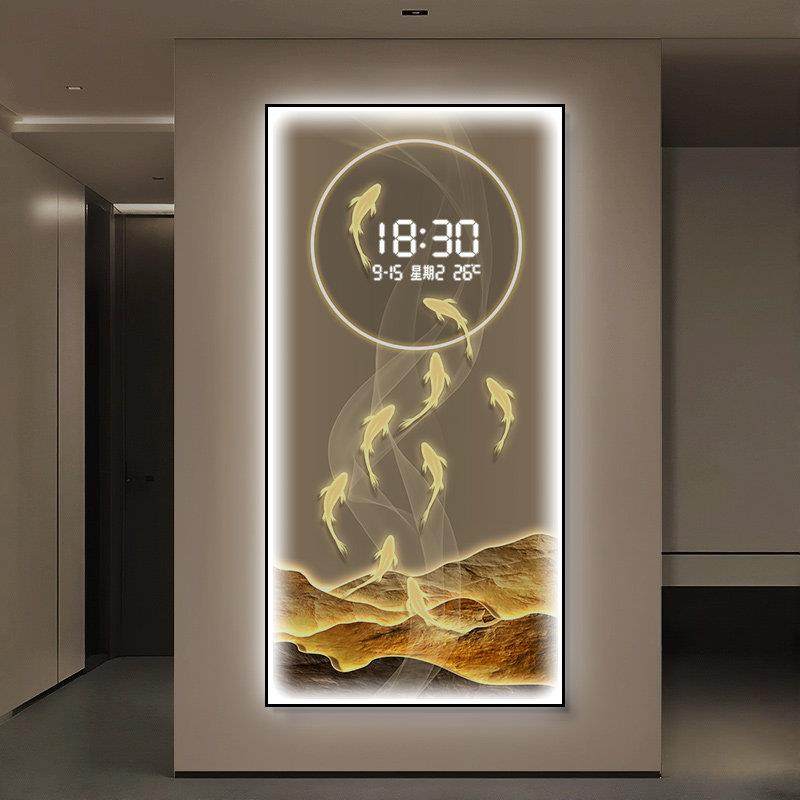现代轻奢九鱼玄关装饰画高级感led时钟挂画客厅走廊过道带灯壁画