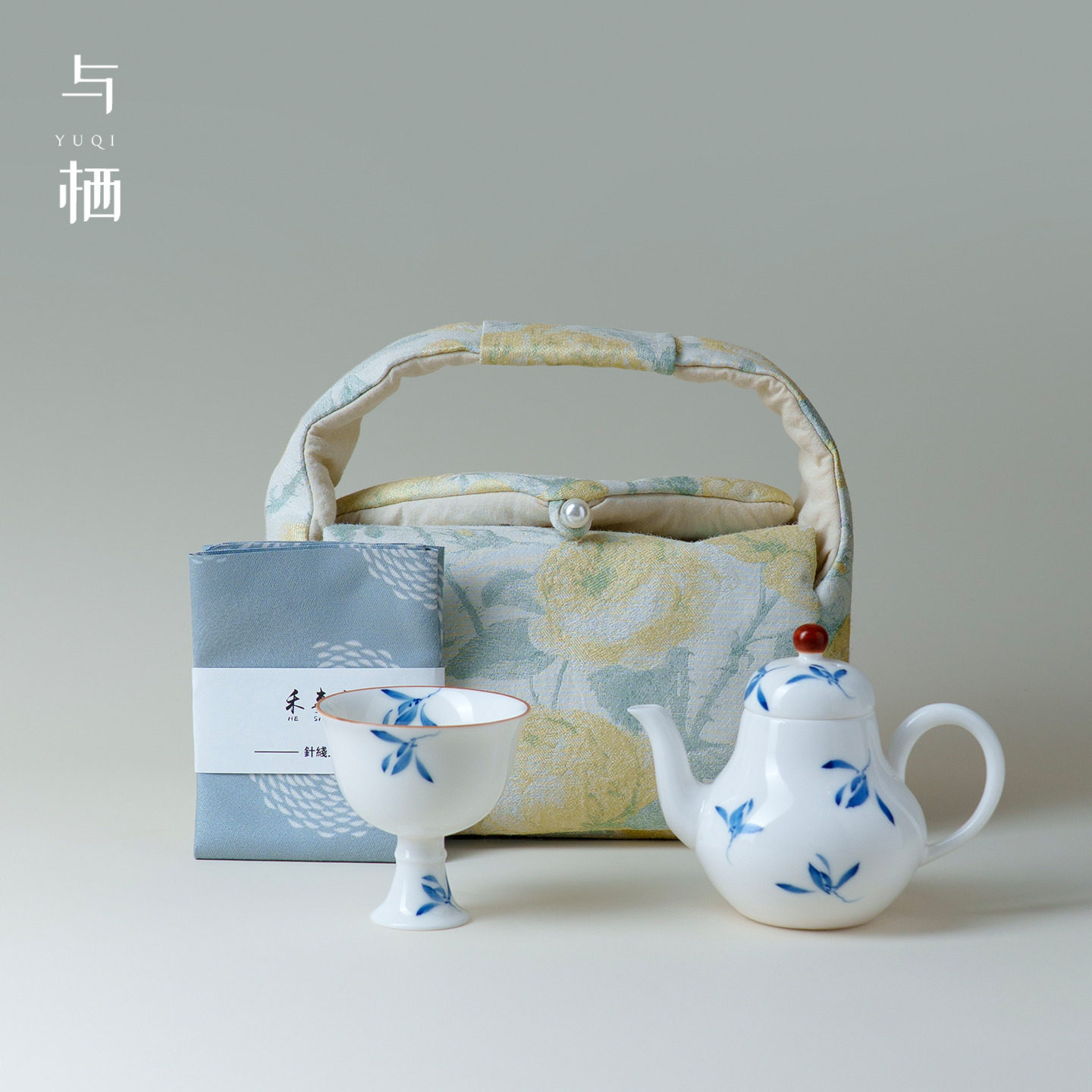 与栖手绘秋水兰泡茶壶陶瓷套装办公旅行便携式茶具布包送亲朋好友