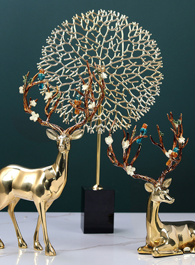 全铜家居电视柜书房珐o琅彩铜鹿摆件新中式玄关酒柜轻奢工艺品摆