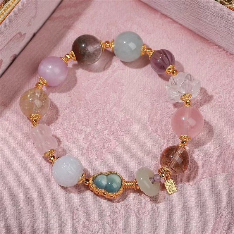 天然多宝水晶手链女金发晶紫锂辉翡翠D葫芦和田玉绿幽灵S925银手