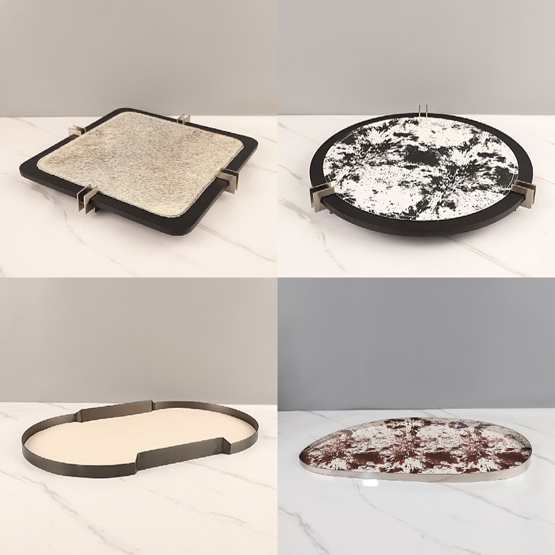 轻奢木质马毛皮h革金属香薰托盘客厅茶几样板间长形收纳盘装饰摆