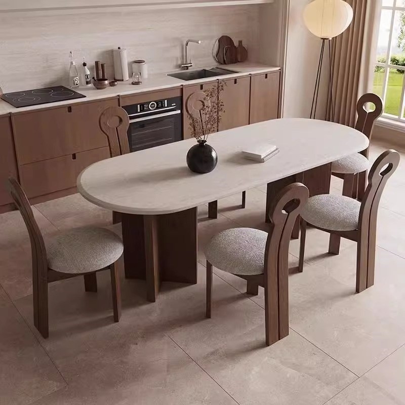 北欧复古风岩板实j木半圆方形餐桌椅组合家用大小户型餐厅吃饭桌