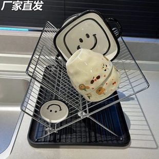不锈钢沥水碗架家用厨房台面X型可折叠双层碟盘餐具置物架收纳架
