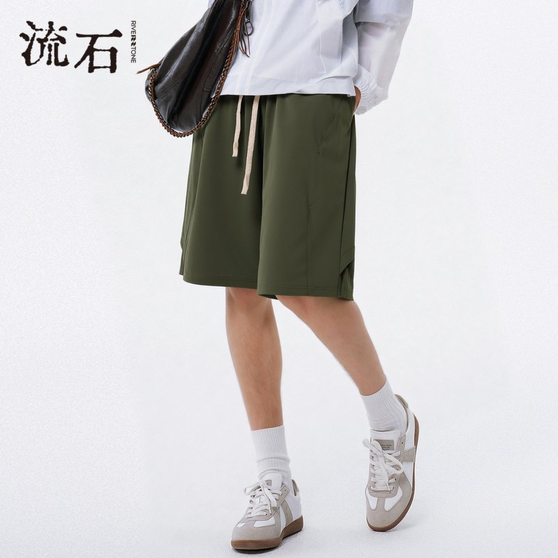 流石男装宽松时尚休闲短裤2025年夏季男士个性杏色抽绳经典直筒裤