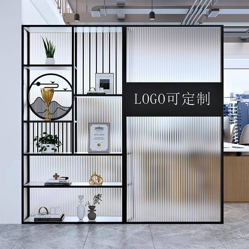 公司前台logo玻璃隔断置物架办公室前台展示架屏风隔断遮挡装饰架