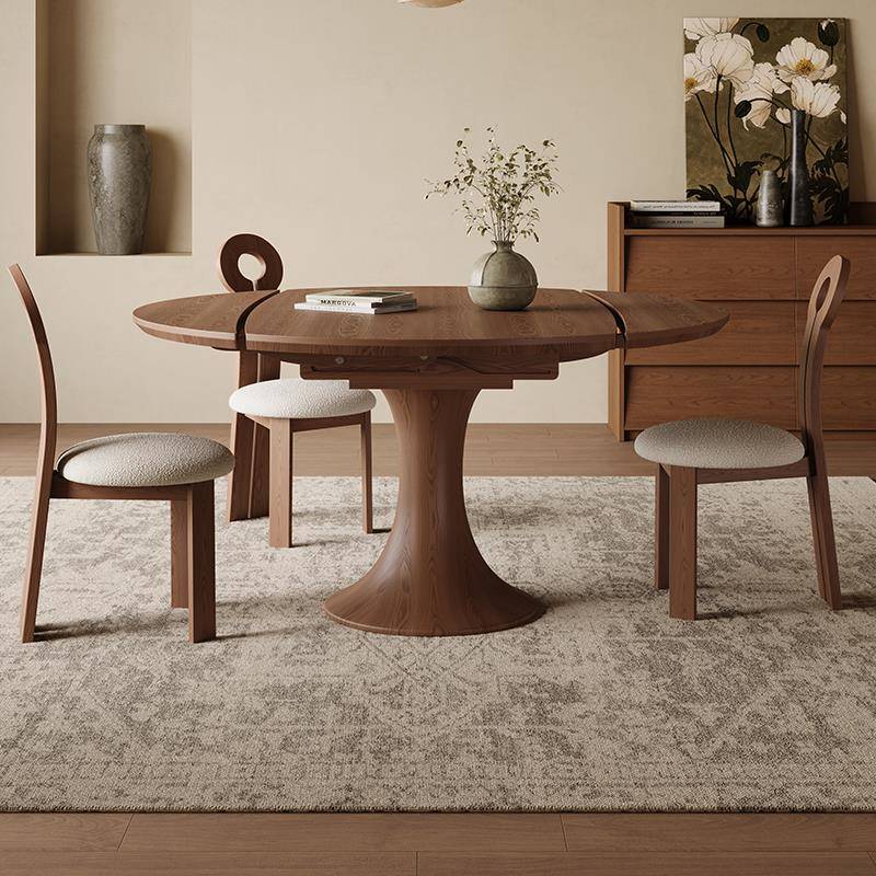 全实木可伸缩餐桌椅组合圆形家用侘寂风现代简约折叠餐桌设计师款