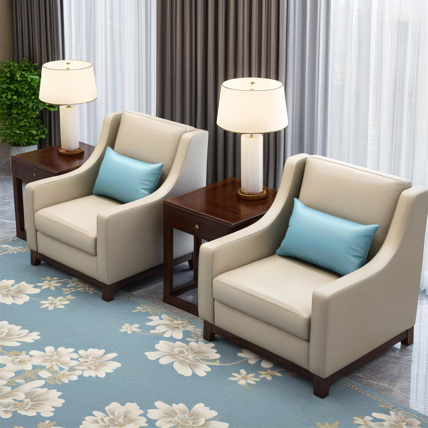 贵宾接待会议洽谈沙发现代办公室商务大会堂会客厅单人位沙发茶几