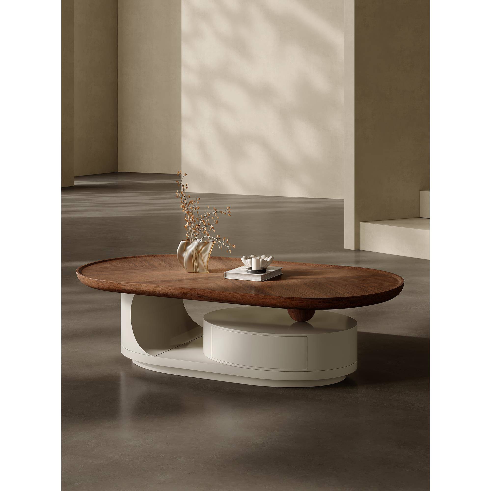 胡桃色实木奶油中古风茶几现代简约小户型客厅家用2025新款椭圆形