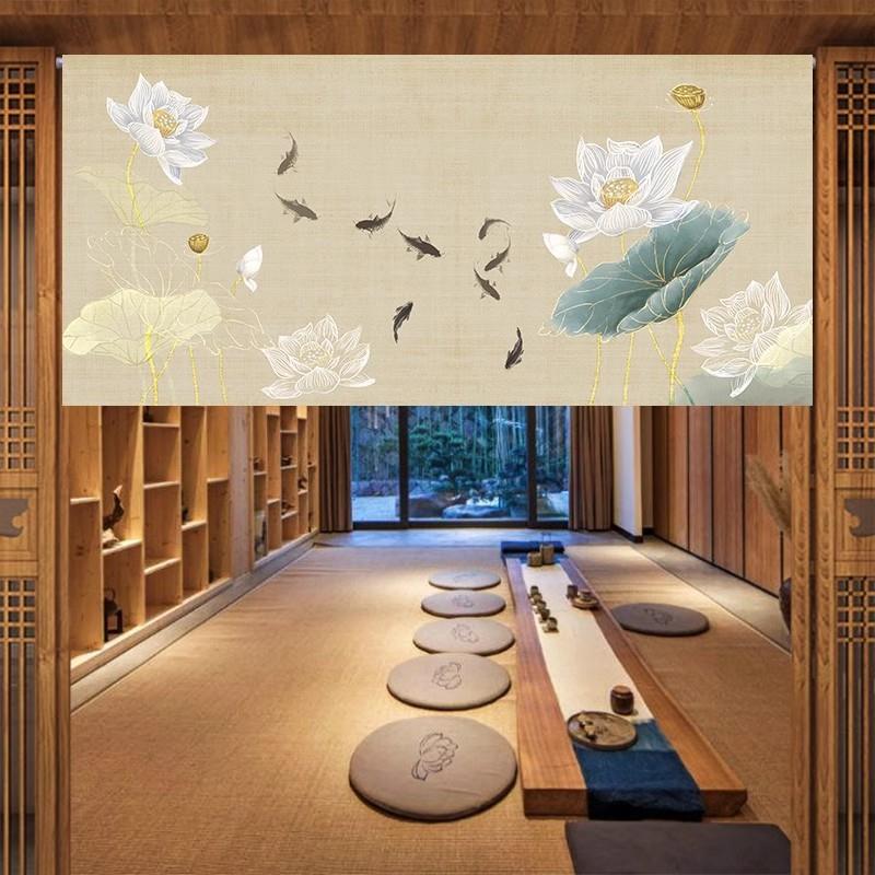 中式门帘隔断帘半帘短帘免打孔布厨房遮挡帘古风入户客厅风水挂帘