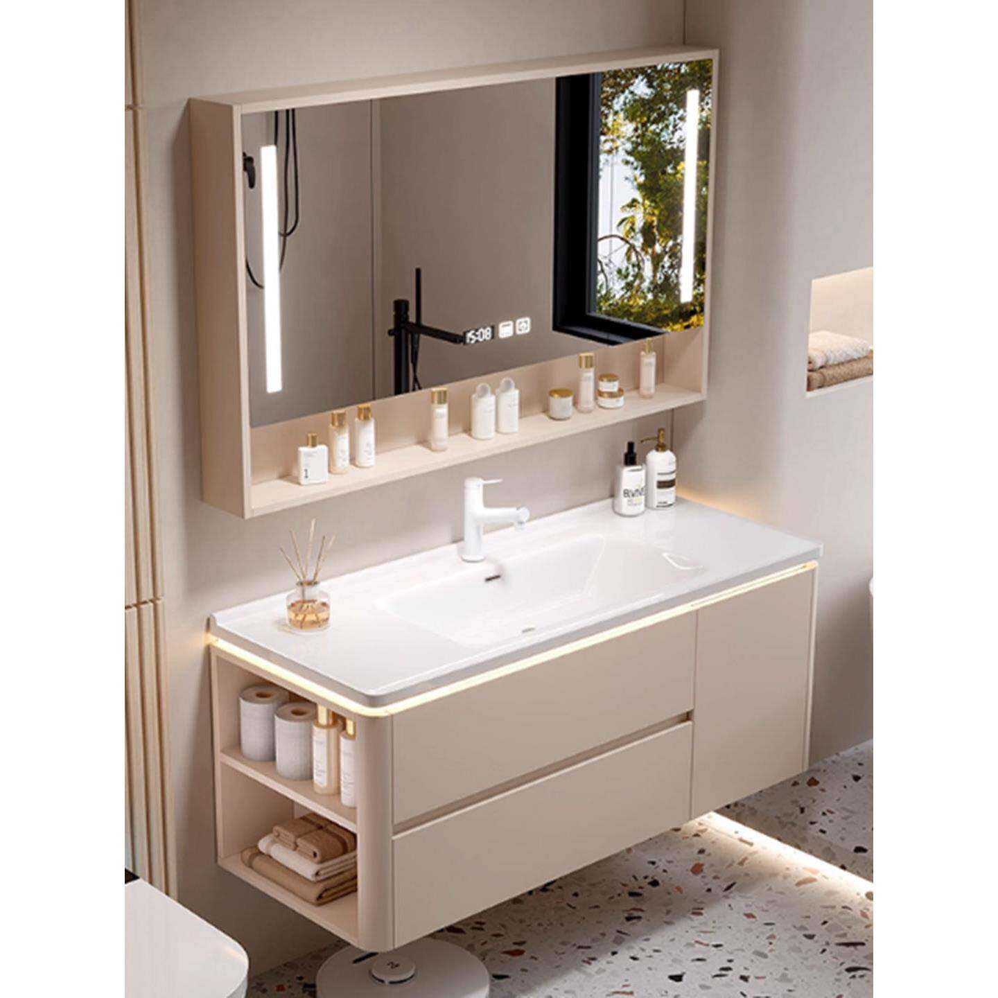 浴室柜奶油风圆角陶瓷一体盆智能卫生间洗手盆洗脸盆柜组合包安装