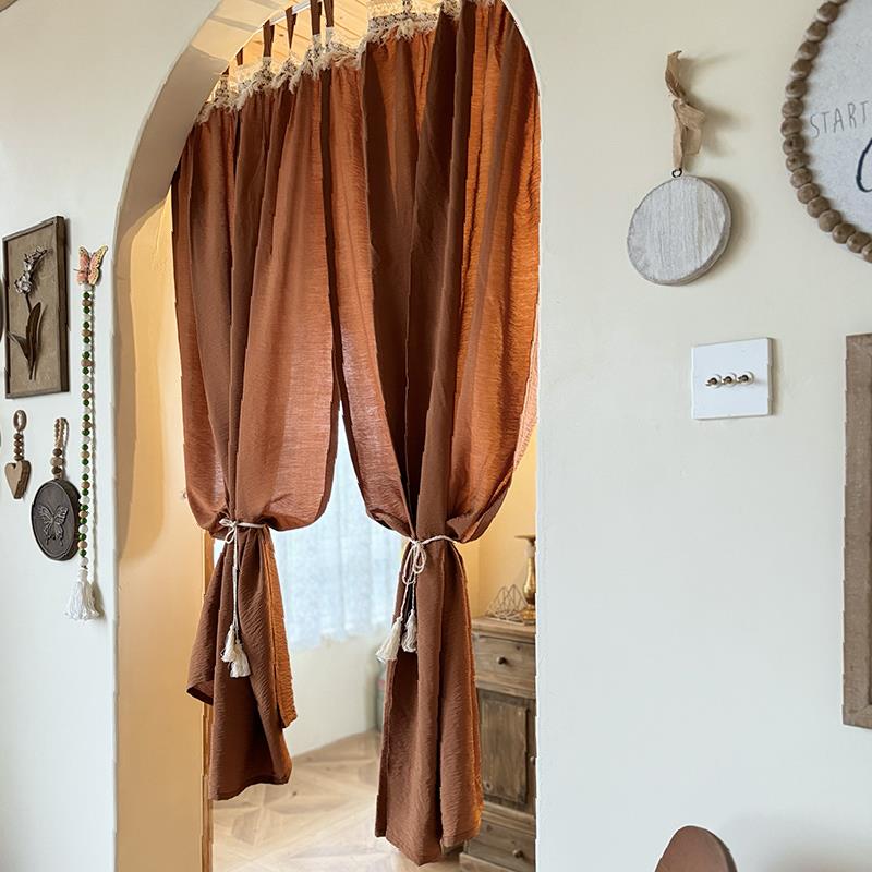 焦糖吊带流苏覆古真丝质感加厚免打孔半帘美式窗帘门帘穿杆可定制